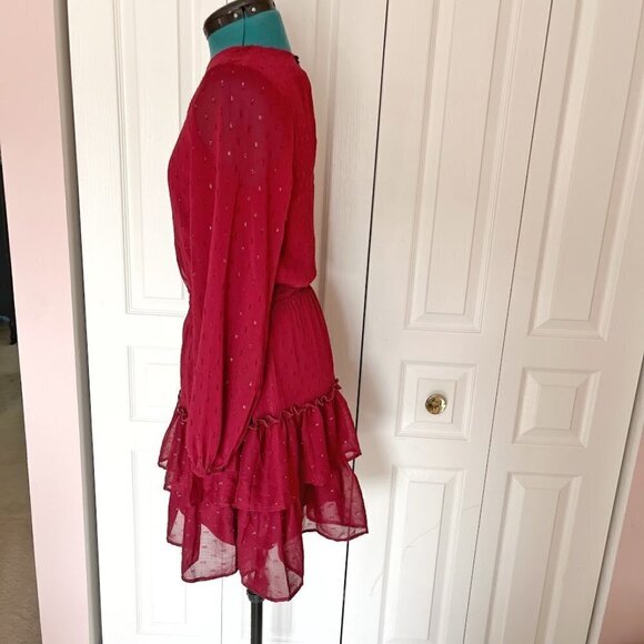 Express Sequin Sheer Long Sleeve Lightweight Ruffle Tiered Layer Lined Dress - Picture 3 of 11